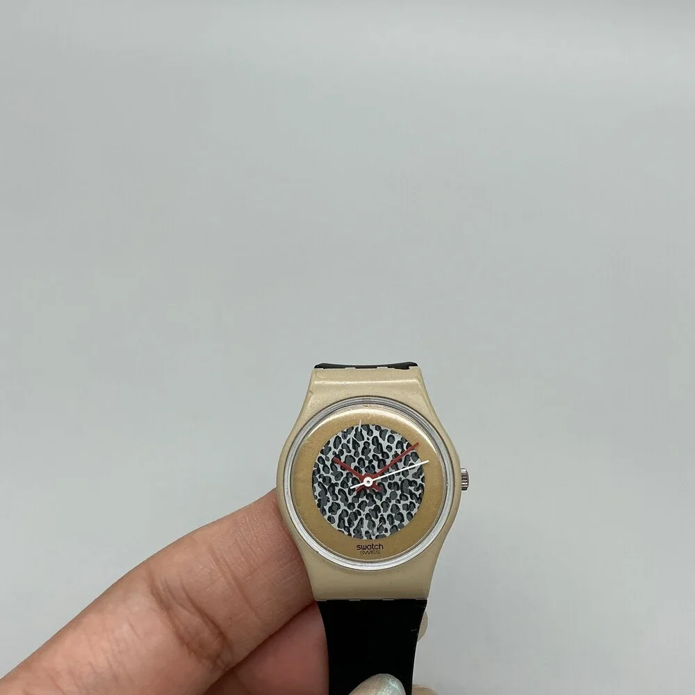 Vintage Swatch BG/BC Womens Watch 25mm Gold Tone Leopard Dial Black Band LT102